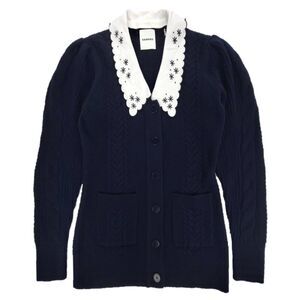 SANDRO Porcelaine Embroidered 100% Wool Puff Sleeve Cable Knit Cardigan Navy 6